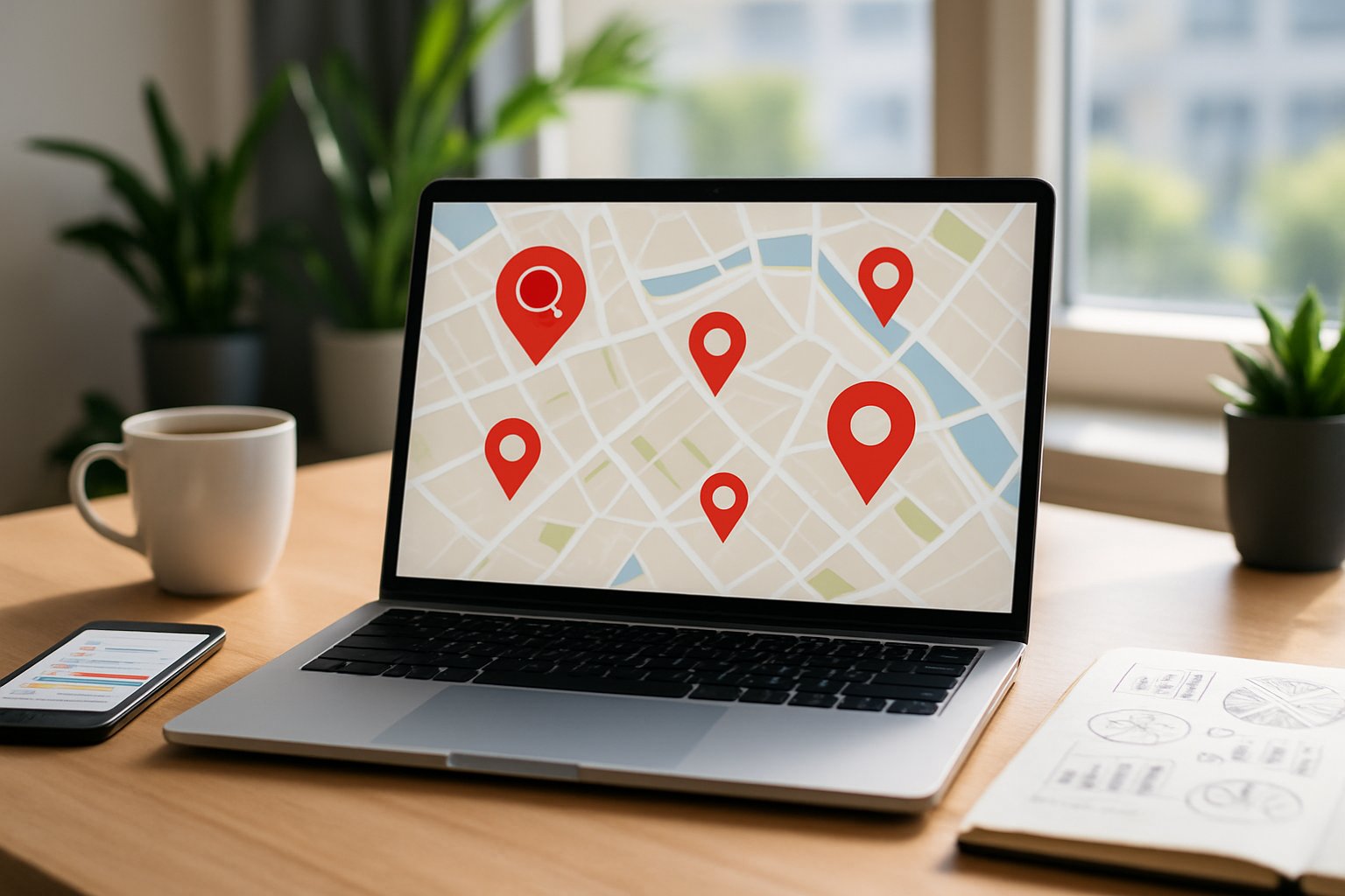 A workspace with a laptop showing a digital map with location pins, a smartphone displaying a local business listing, a notebook with notes, and a cup of coffee, set near a window with plants and a city view outside.